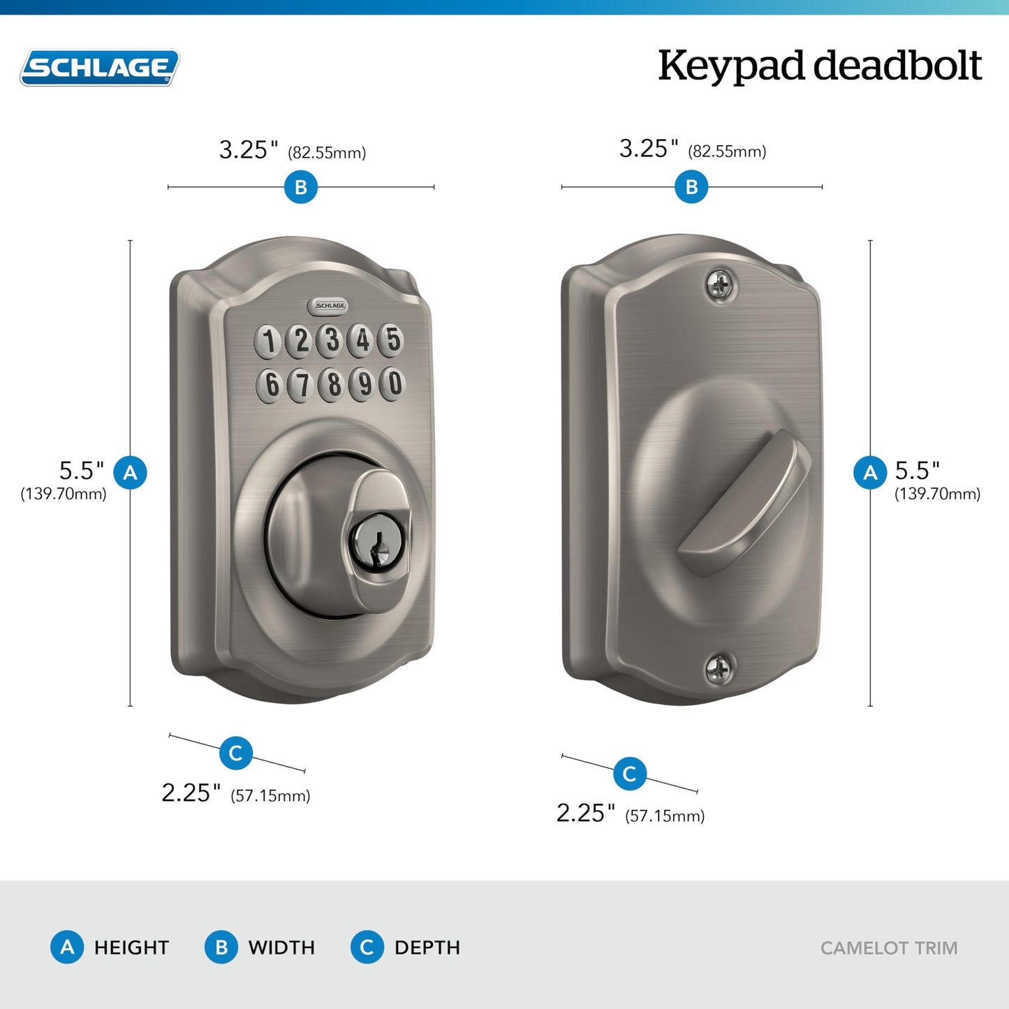 SCHLAGE Camelot Keypad Deadbolt Lock - Keyless Entry, Satin Nickel