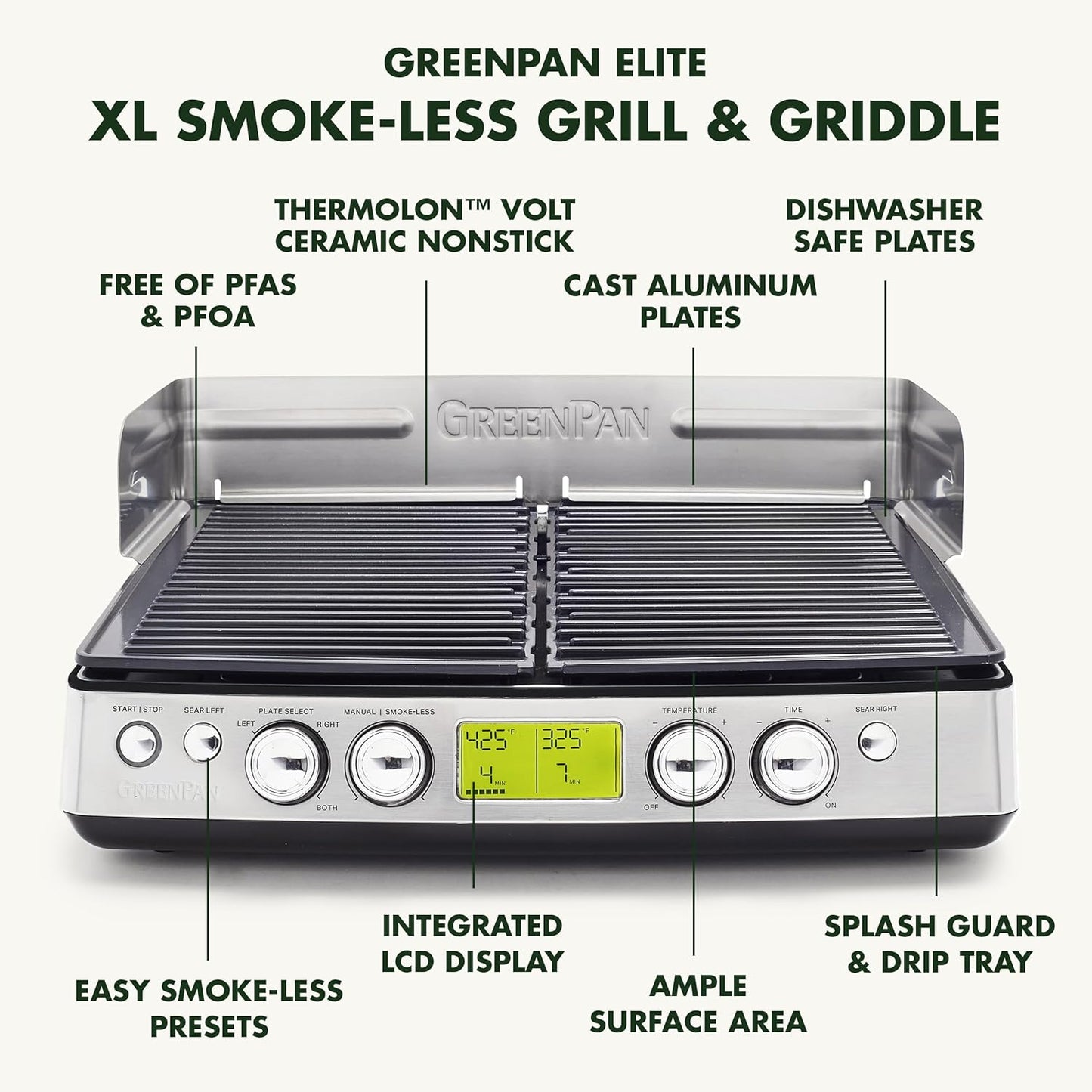 GreenPan Elite XL Smoke-less Grill and Griddle, Healthy Ceramic Nonstick Interchangeable/Removeable Cast Aluminum Plates, Indoor BBQ Sear Sizzle, LCD Display, Splash Guard, Drip Tray, PFAS-Free, Black