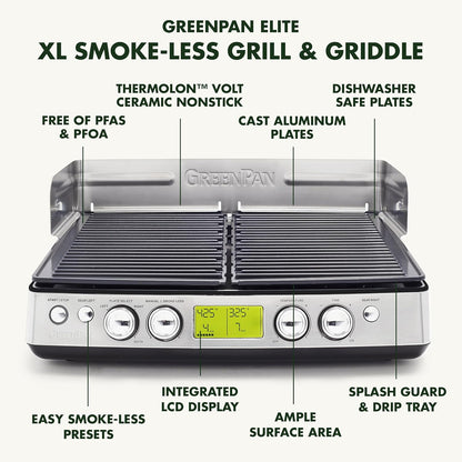 GreenPan Elite XL Smoke-less Grill and Griddle, Healthy Ceramic Nonstick Interchangeable/Removeable Cast Aluminum Plates, Indoor BBQ Sear Sizzle, LCD Display, Splash Guard, Drip Tray, PFAS-Free, Black