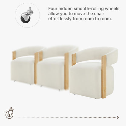 KISLOT Upholstered Dining Chairs with Casters, Modern Barrel Side Armchair with Rollers & Wooden Armrest for Dining Room, Bedroom, Kitchen, Reading Room, Beige, Set of 4
