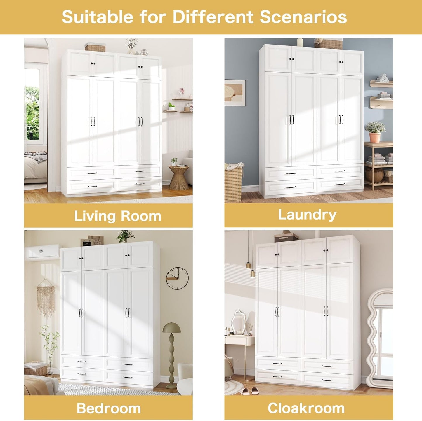 Armoire Wardrobe Closet with Doors: 89" Extra Tall White Wardrobe with Storage on Top, Bedroom Armoires with 4 Doors and 4 Drawers, Large Wood Closet Armoire for Hanging Clothes (B, 63")