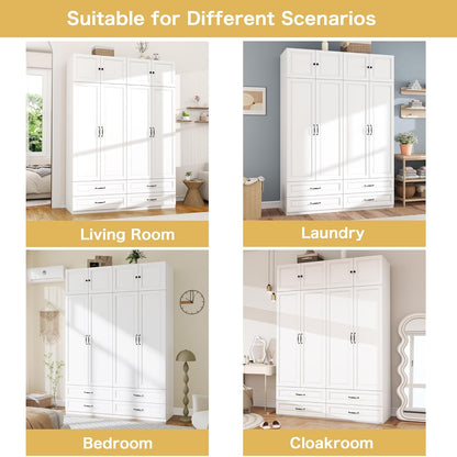 Armoire Wardrobe Closet with Doors: 89" Extra Tall White Wardrobe with Storage on Top, Bedroom Armoires with 4 Doors and 4 Drawers, Large Wood Closet Armoire for Hanging Clothes (B, 63")