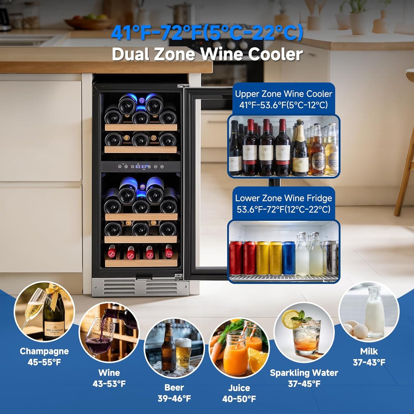 BODEGA COOLER 15 Inch Wine Fridge - 30 Bottles Dual Zone Wine Cooler, 41°F -72°F Wine Beverage Cooler Built-in or Freestanding, Adjustable Shelves & Bule LED Light, Perfect for Home/Kitchen(3.2 cu.ft)