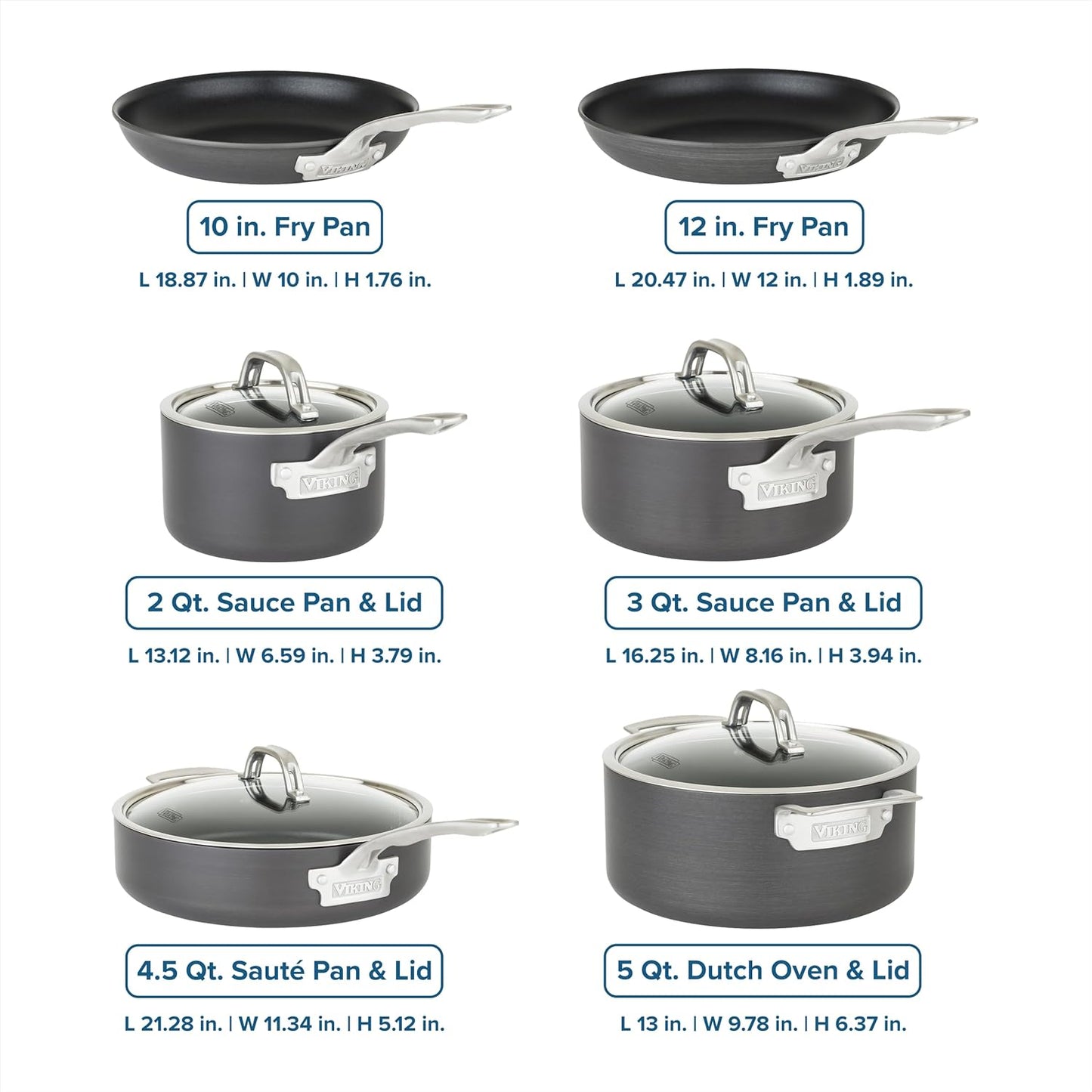 Viking Pots and Pans Set Non Stick, 10 Piece Hard Anodized Kitchen Cookware with Glass Lids, Black