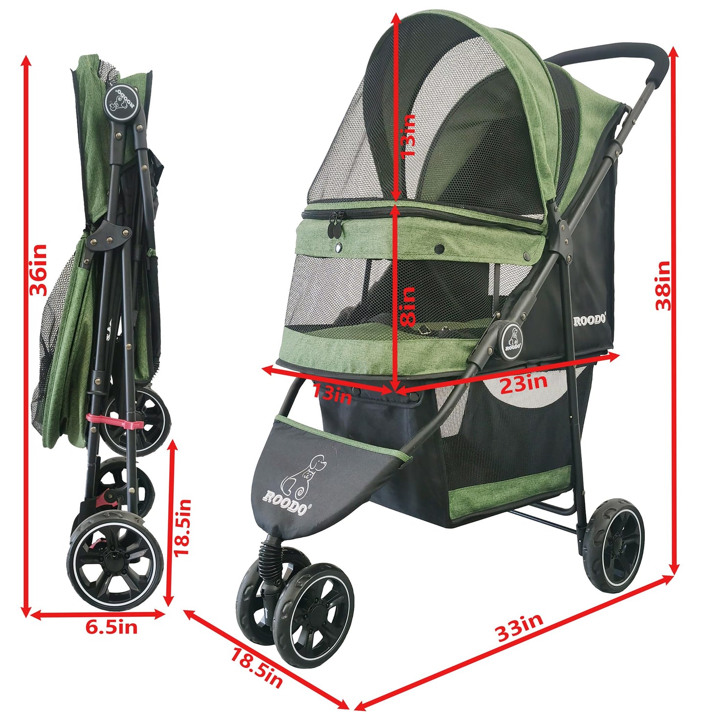 ROODO 3 Wheel Pet Stroller - Lightweight & Portable Jogger