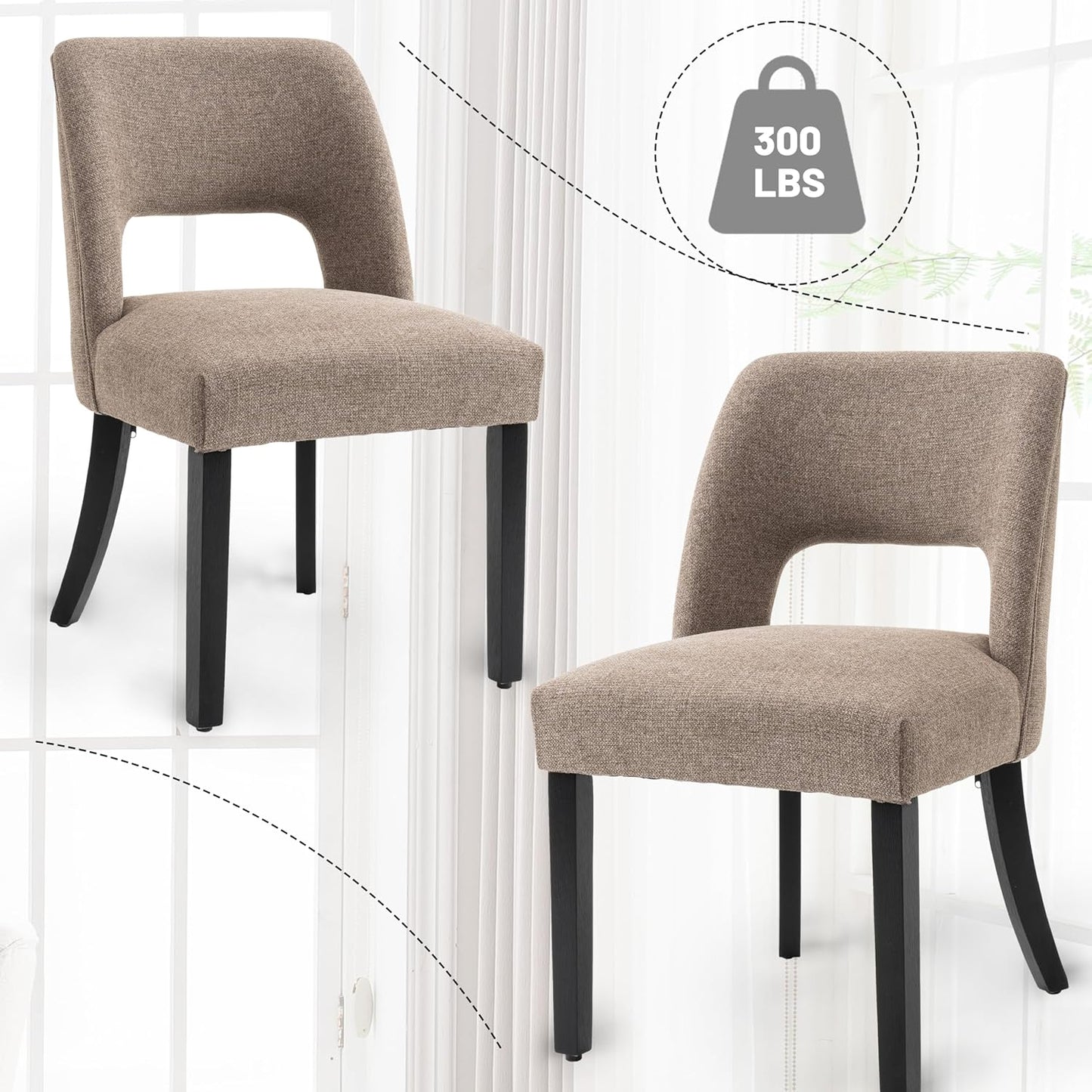 VKNOW Wooden Dining Chairs Set of 6, Modern Fabric Upholstered Dining Room Chair Kitchen Chairs, Farmhouse Dinner Chair for Kitchen Dining Room, Brown-Black Legs
