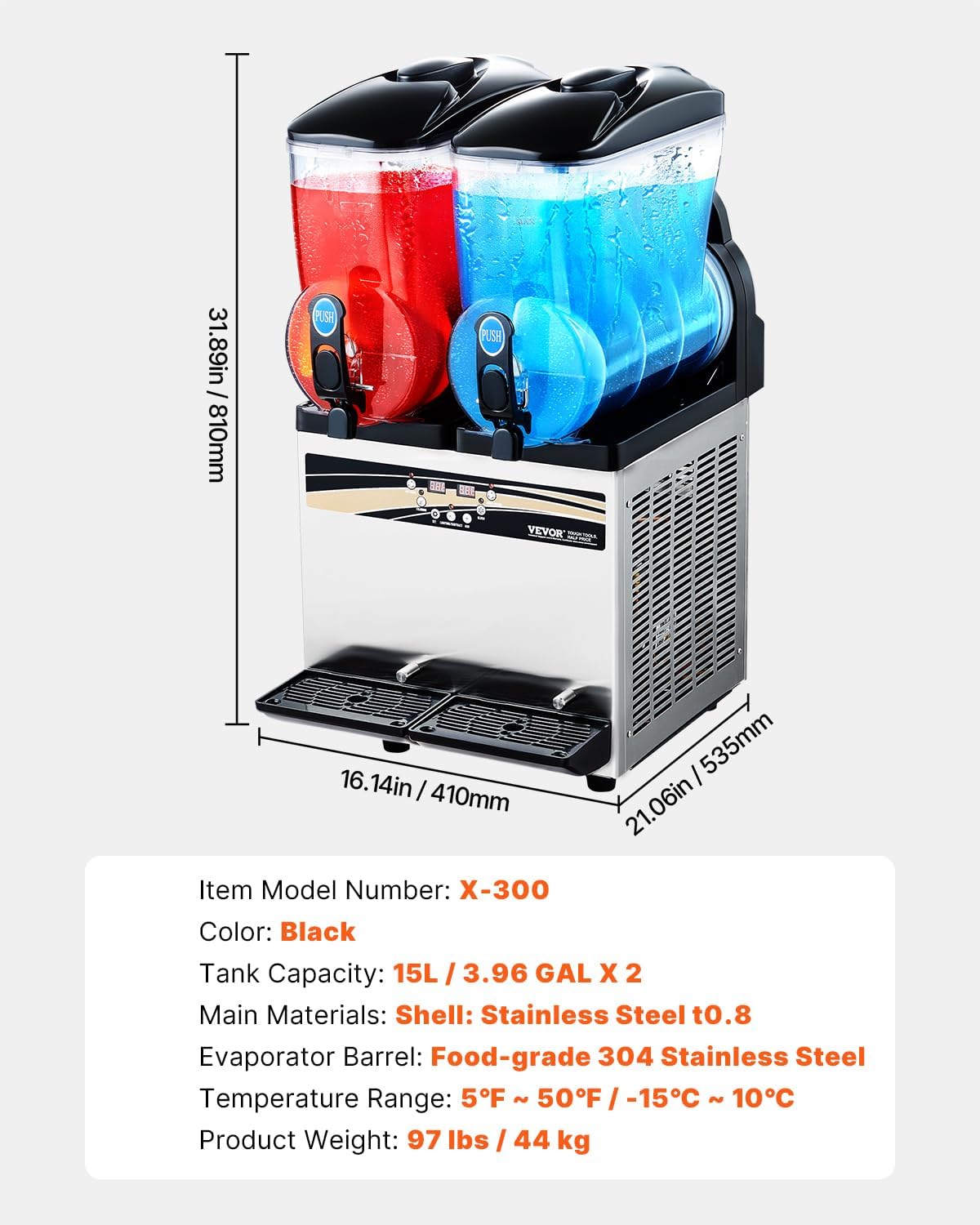 VEVOR Commercial Slushy Machine, 15Lx2 Double Tank Margarita Machine, 120 Cups Stainless Steel Margarita Smoothie Frozen Drink Machine, Slushie Machine for Party Restaurants Cafe Bars