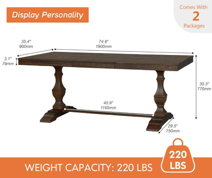 WAMPAT 74.8-inch Long Vintage Farmhouse Dining Table for 6-8 People,Sturdy Wooden Frame,Weathered Textured Tabletop,Solid Wood Double Pedestal Legs with T-Shaped Feet,Non-Extendable,Dark Walnut Brown