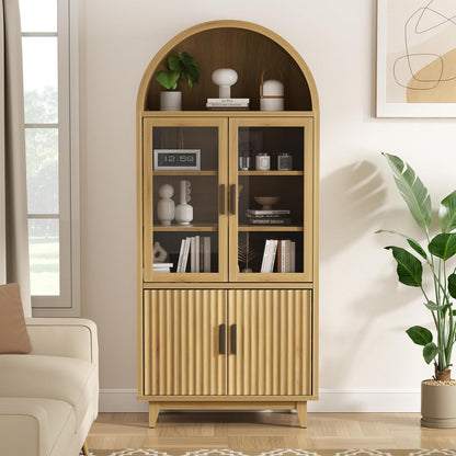 FiveWillowise Arched Cabinet with Glass Doors, 71" Tall Fluted Galss Cabinet with Solid Wood Legs, Adjustable Shelves Accent Furniture for Living Room, Kitchen, Dining Room, Entryway, Natural