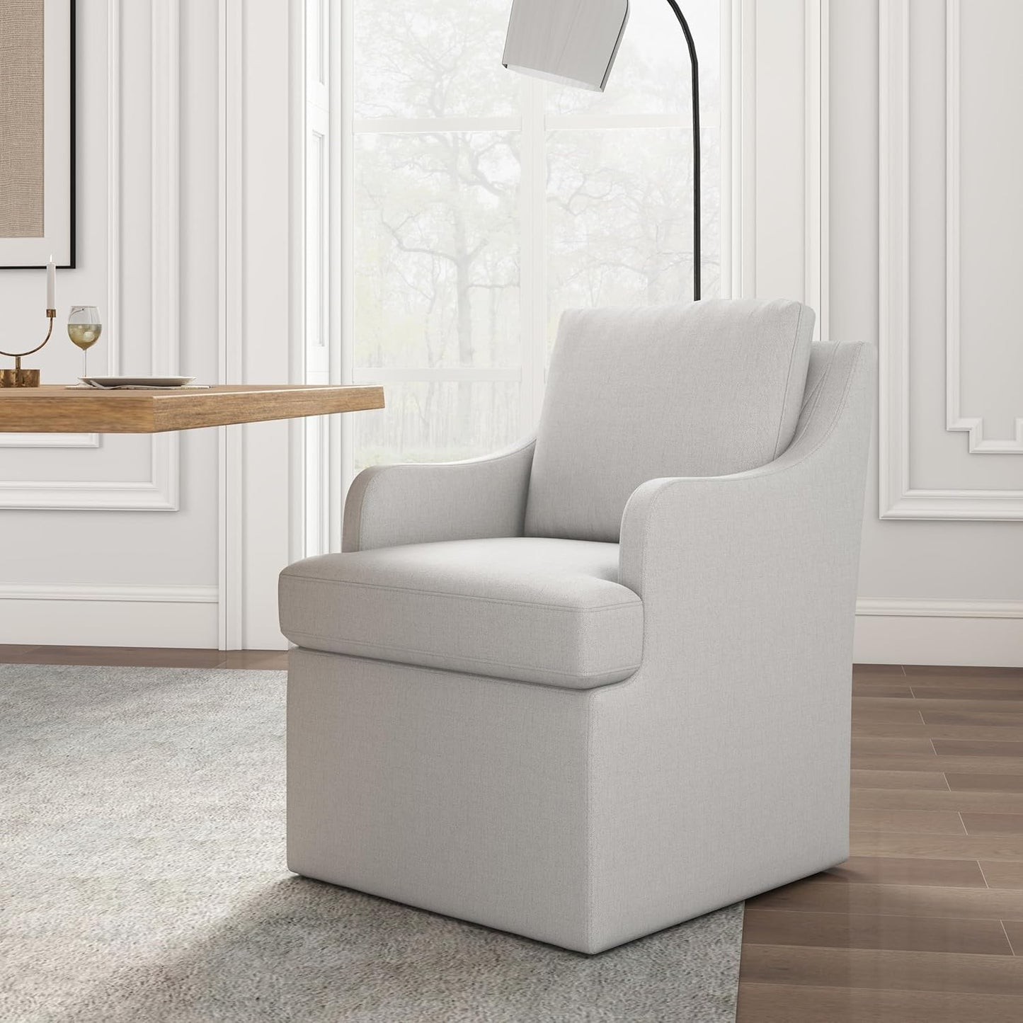 VKNOW Upholstered Dining Chairs Set of 4, Modern Kitchen Chairs Dinner Chairs with 4 Casters, Chenille Armchair for Bedroom Reading Room Living Room, Light Grey