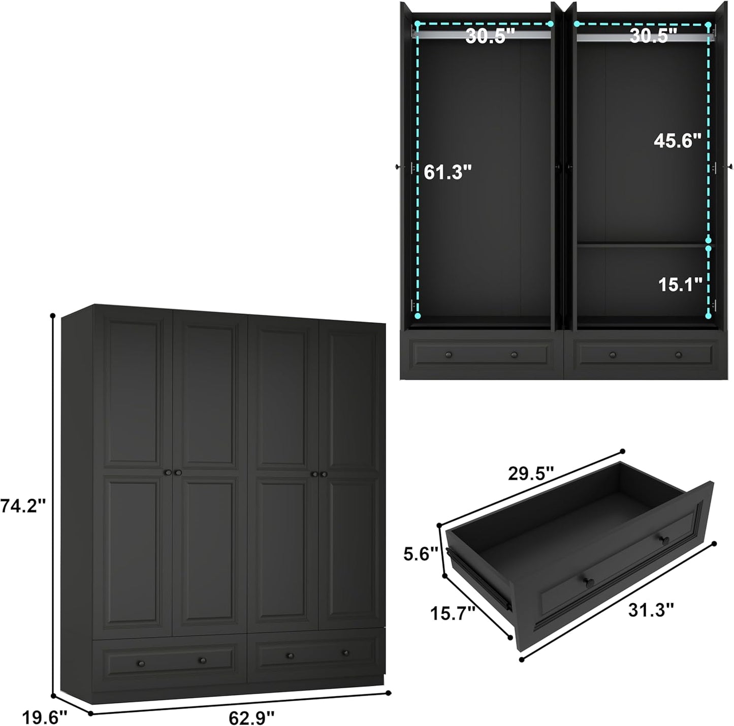 Armoire Wardrobe Closet with Drawers: 74" Black Tall Wooden Wardrobe Closet for Hanging Clothes, Large Bedroom Armoires with 2 Drawers, 4 Door Armoire Storage Cabinet (Black, 63")