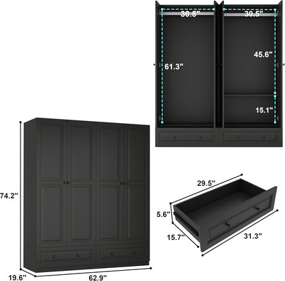 Armoire Wardrobe Closet with Drawers: 74" Black Tall Wooden Wardrobe Closet for Hanging Clothes, Large Bedroom Armoires with 2 Drawers, 4 Door Armoire Storage Cabinet (Black, 63")