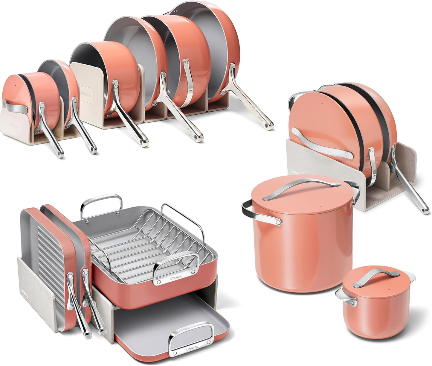 Caraway 31-Piece Ceramic Cookware Bundle - Fry Pans, Saucepans, Sauté Pan, Dutch Oven, Petite Cooker, Stir Fry, Rondeau, Stock Pot, Grill & Griddle Pans, Roasting Pan, Racks, Organizers - Perracotta