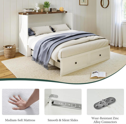 LUXOAK Queen Murphy Bed with 6" Tri-Fold Memory Foam Mattress, Storage Drawer & Charging Station, Space-Saving Design for Home Office or Guest Room, White