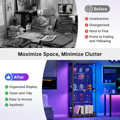 Dystler Display Cabinet with Glass Doors, 71'' Tall Curio Cabinet with RGB Lights for Collectibles, LED Display Case with Removable Shelf for Book/Medal/Figure, Black
