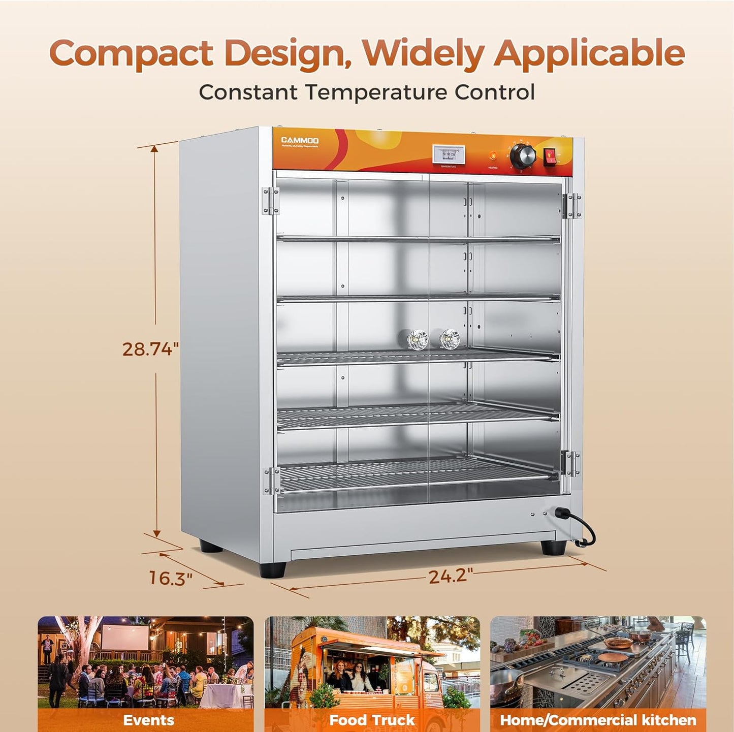 CAMMOO 133Qt 5-Tier 900W Commercial Food Warmer w/ 304 Blued Stainless Steel Heating Element, Double-Tempered Glass Door, Adjustable Shelf, Electric Catering Hot Box Countertop Heated Holding Cabinet