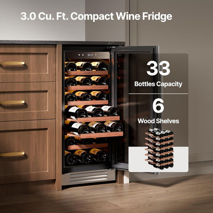Ca'Lefort 15 Inch Wine Fridge, 33 Bottles 40-65°F Wine Cooler, Adjustable Shelves & 3 LED Light, Wine Refrigerator with Glass Door, Built-in Under Counter Freestanding for Home/Kitchen/Bar