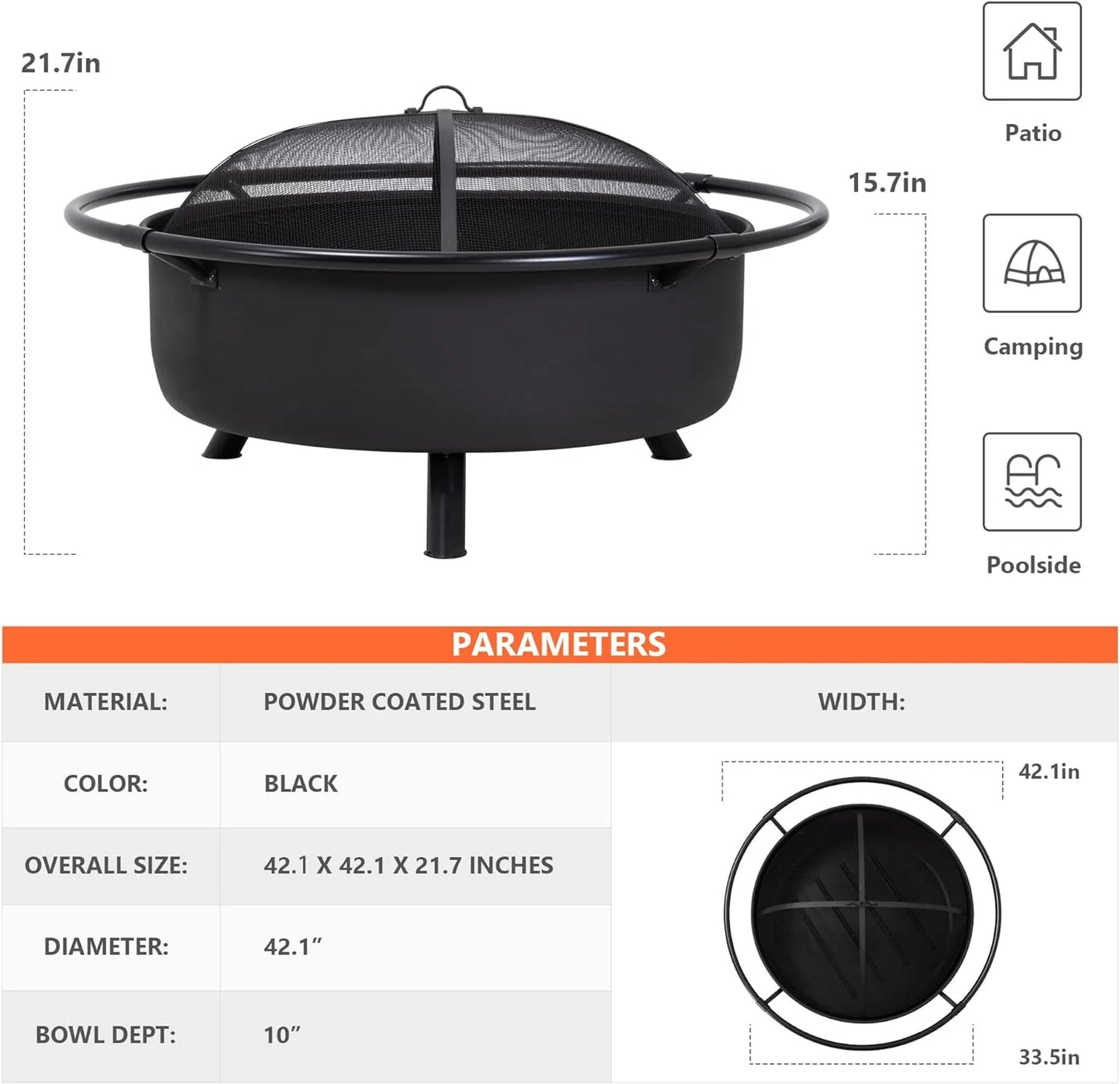 SUNCREAT 42” Patio Fire Pit Wood Burning with Mesh Spark Screen, Bonfire Outdoor firepit with Fireplace Poker, Black