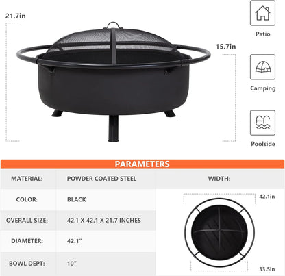SUNCREAT 42” Patio Fire Pit Wood Burning with Mesh Spark Screen, Bonfire Outdoor firepit with Fireplace Poker, Black