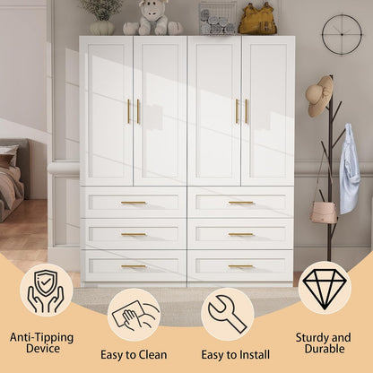 White Wardrobe with 4 Doors: 75" Tall Armoire Wardrobe Closet with 6 Drawers, Bedroom Closet Cabinet for Hanging Clothes, Wooden Storage Armoire with Shelves (Modern, 2)