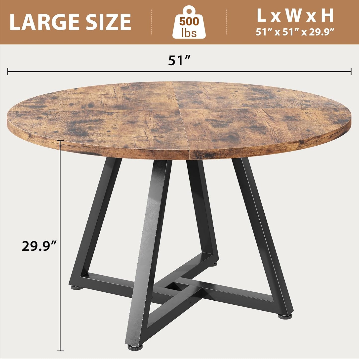Jocoevol 51“ Round Kitchen Dining Room Table for 6-8, Circle Dining Dinner Table with Pedestal Metal Frame, Space Saving Wood Industrial Furniture for Small Space (Rustic Brown)