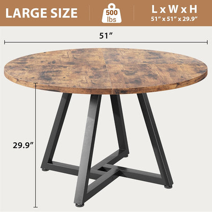 Jocoevol 51“ Round Kitchen Dining Room Table for 6-8, Circle Dining Dinner Table with Pedestal Metal Frame, Space Saving Wood Industrial Furniture for Small Space (Rustic Brown)