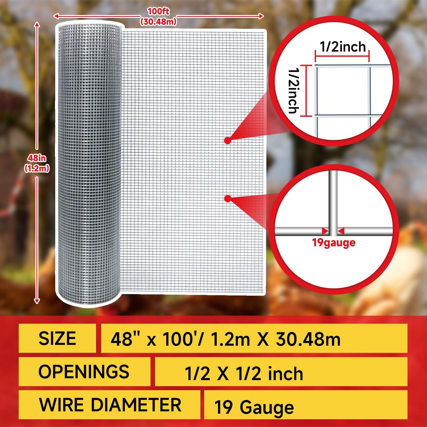 SANZEUS Hardware Cloth 1/2" 48"x100' 19 Gauge Chicken Wire
