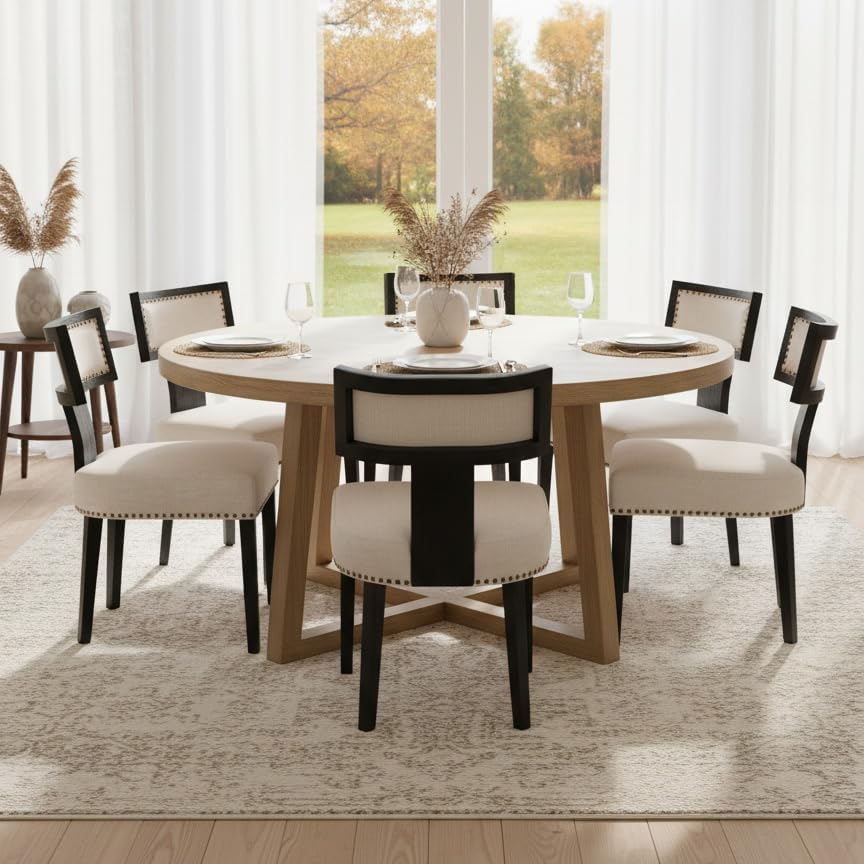 RIVOVA Mid Century Modern Dining Chairs Set of 6 Linen Fabric Upholstered Kitchen Side Chairs with Nailhead Trim, Modern Kitchen Armless Solid Wood Dining Chairs, Beige