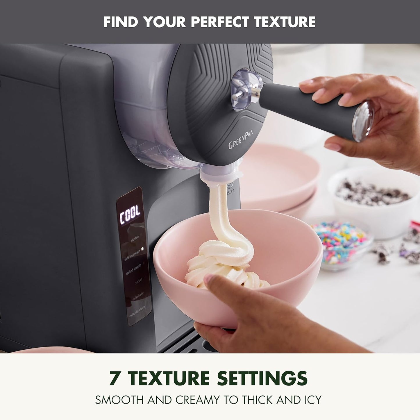GreenPan Frost Ice Cream Maker & Slushie Machine, Soft Serve, Sorbet, Margaritas, Milkshakes, Frozen Yogurt, No Pre-Freezing, Ready in 15 Mins, 6 Modes, 7 Textures, Self-Cleaning, Family Size, Gray