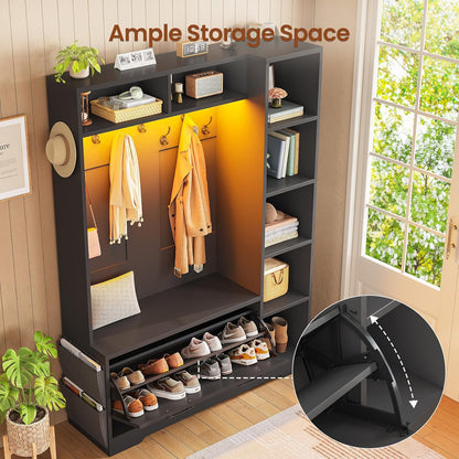 Itaar Hall Tree with Bench and Shoe Storage, Farmhouse Entryway Bench with Coat Rack, Shoe Cabinet with Flip Drawers, 7 Shelves, 10 Coat Hooks, Storage Bag, Led Lights, Black