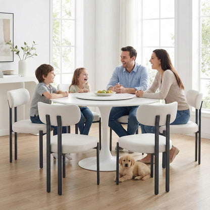 LukeAlon Faux Leather Dining Chairs Set of 6, Modern Curved Back Armless Kitchen Chairs with Black Metal Legs Upholstered Dining Room Chairs Reception Guests Chair for Restaurant Office, White