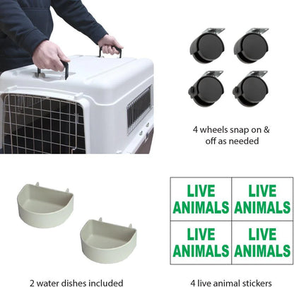SportPet Designs Plastic Kennels Rolling Plastic Airline Approved Wire Door Travel Dog Crate, XXX-Large, Gray
