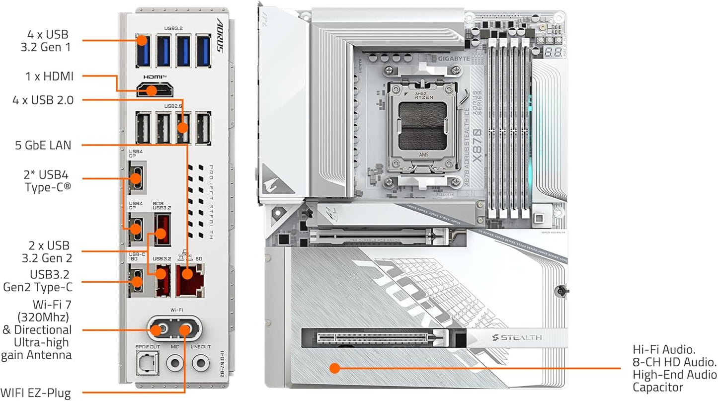 GIGABYTE X870 AORUS Stealth ICE Reverse-Connect ATX Motherboard, Support AMD Socket AM5 Processors, DDR5, 16+2+2 Power Phase, 4X M.2, PCIe 5.0, USB4, WIFI7, 5GbE, PCIe EZ-Latch Plus, 5 Year Warranty