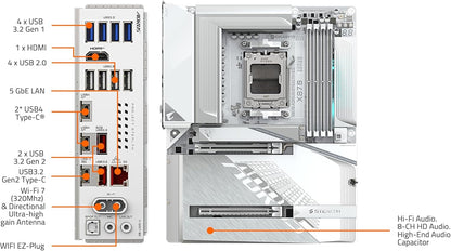 GIGABYTE X870 AORUS Stealth ICE Reverse-Connect ATX Motherboard, Support AMD Socket AM5 Processors, DDR5, 16+2+2 Power Phase, 4X M.2, PCIe 5.0, USB4, WIFI7, 5GbE, PCIe EZ-Latch Plus, 5 Year Warranty