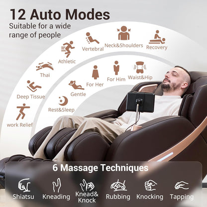 MYNTA Massage Chair Full Body, Zero Gravity SL Track Heavy Duty Massage Recliner Chair with Heat, 12 Auto Modes for Home, M1612 Brown
