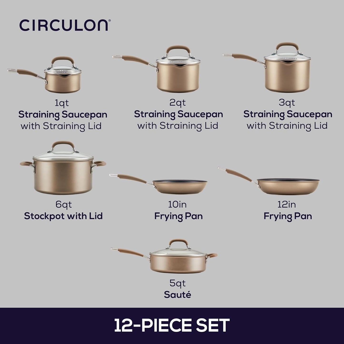 Circulon Premier Professional Hard Anodized Nonstick Cookware Induction Pots and Pans Set Nonstick, Home Essentials, 12-Piece, Bronze