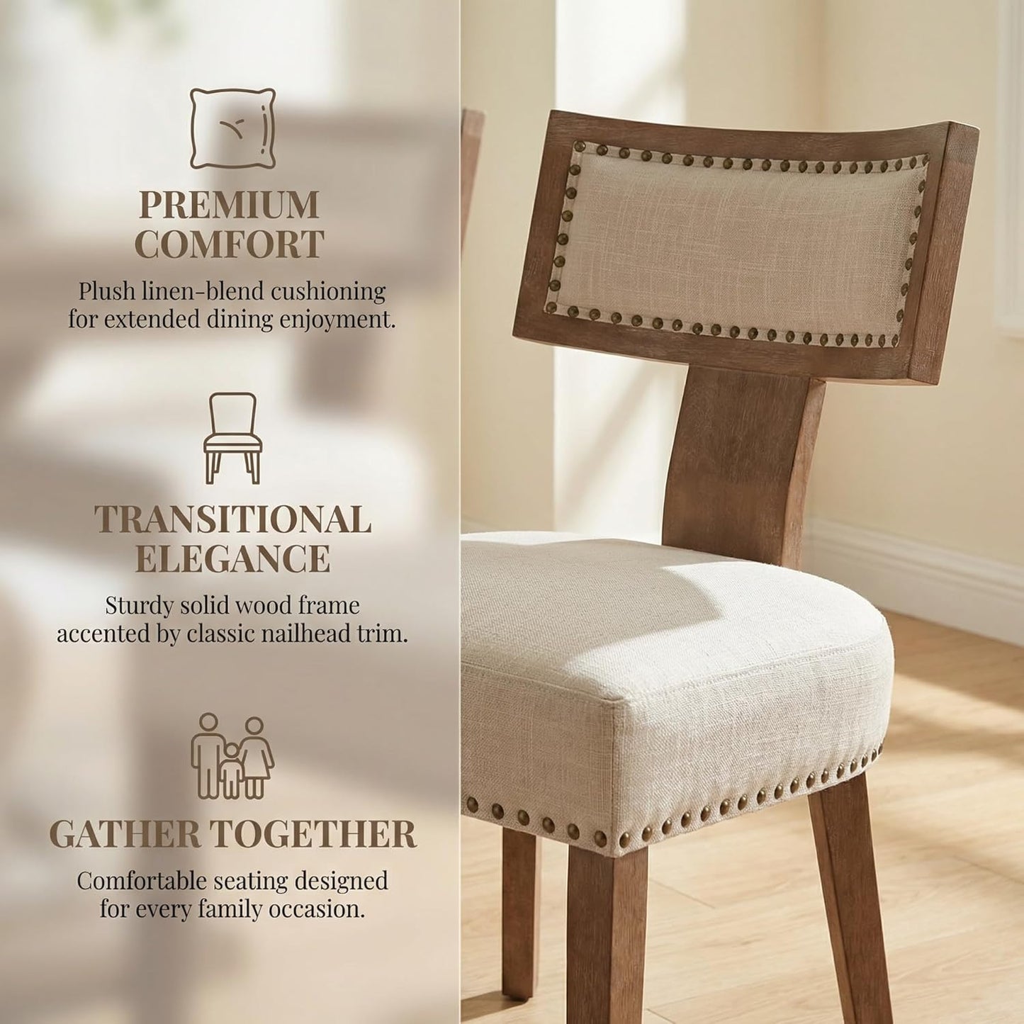 HNY Mid Century Modern Dining Chairs Set of 2, Farmhouse Linen Fabric Upholstered Accent Chairs Curved Nailhead Trim Backrest Kitchen Chairs, with Hardwood Frame, Beige