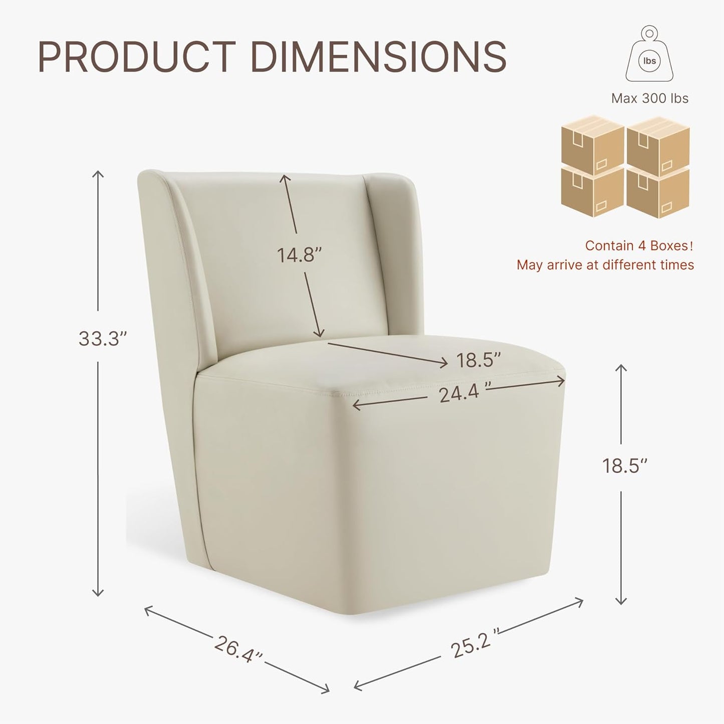 KISLOT Upholstered Dining Chairs Set of 4 with Casters, Wingback Modern Side Armless Deskchair with Rollers for Diningroom Bedroom Livingroom Reading Room, Cream Faux Leather