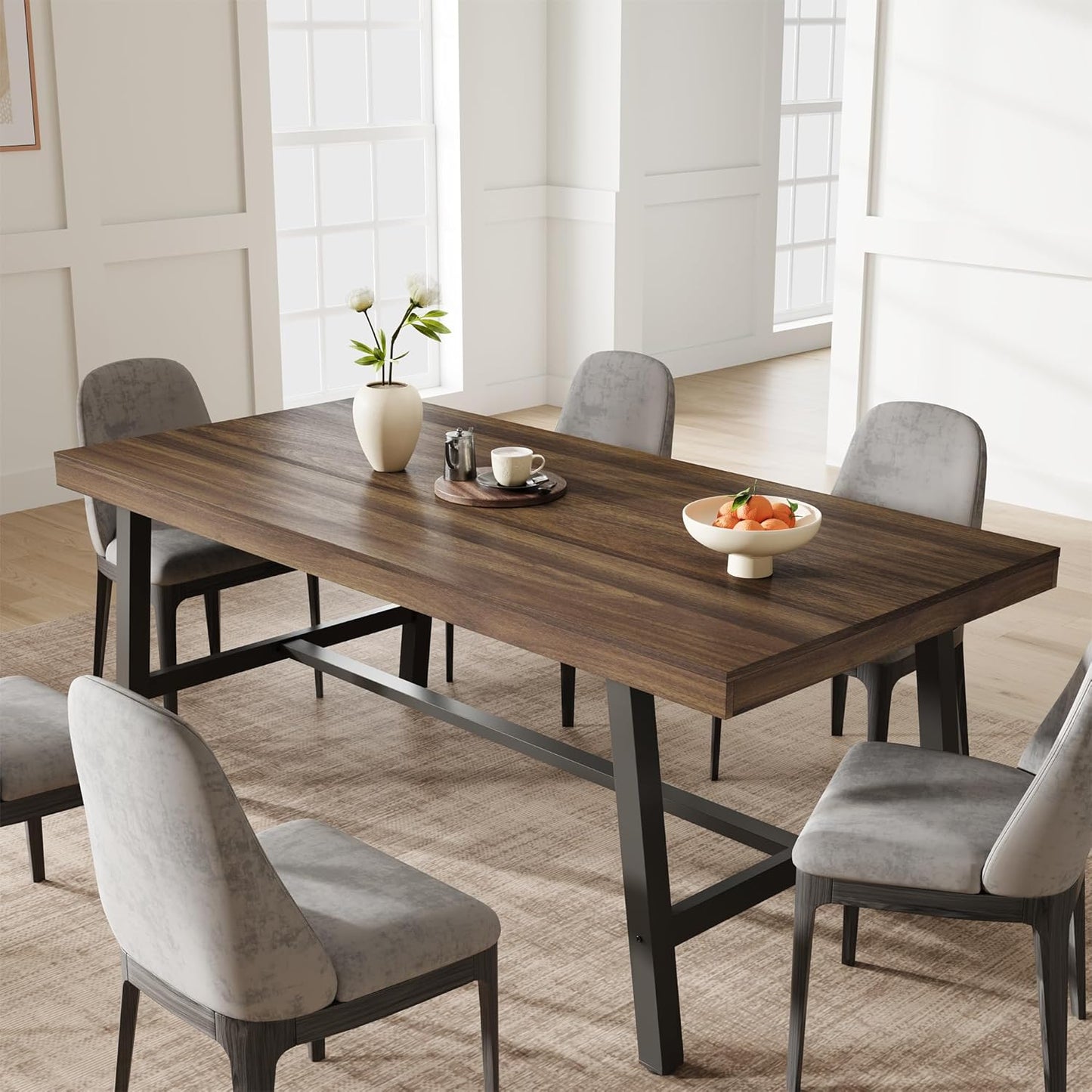 GarveeHome Industrial Dining Table for 6-8 People, 70.87" Long Large Kitchen Table with Sturdy Metal Frame, Rectangular Counter for Dinner, Kitchen, Dining Room (Brown, 71" Non-extendable)