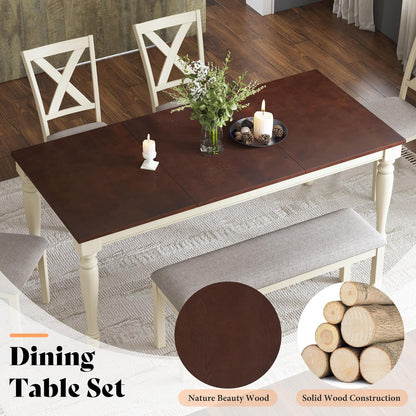 AMERLIFE 6-Piece Farmhouse Dining Table Set for 6-7, 71" Solid Wood Kitchen Table and Chairs, 1 Dining Table, 4 Upholstered Chairs and 1 Bench, Rustic Dining Room Set, Rustic White