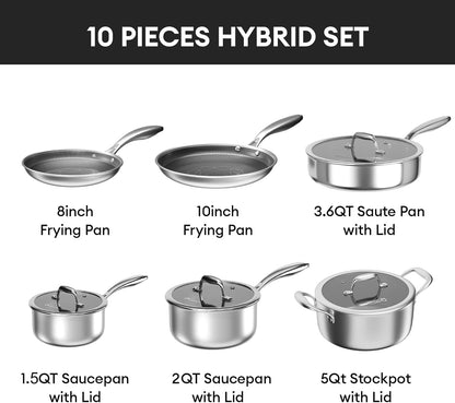 COOKER KING Non Stick Pots and Pans Set, 10pcs Hybrid Stainless Steel Cookware Set, Frying Pans, Saucepans, Saute Pan & Stock Pot, Non Toxic, Oven & Dishwasher Safe, Induction & All Cooktop Compatible