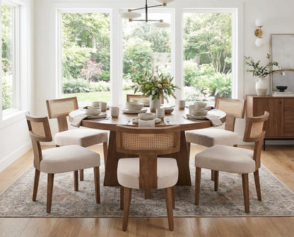 RIVOVA Rattan Dining Chairs Set of 6, Modern Dining Chair Kitchen Dining Room Chairs, Curved Cane Back Upholstered Linen Fabric Dining Chair with Wood Frame, Beige