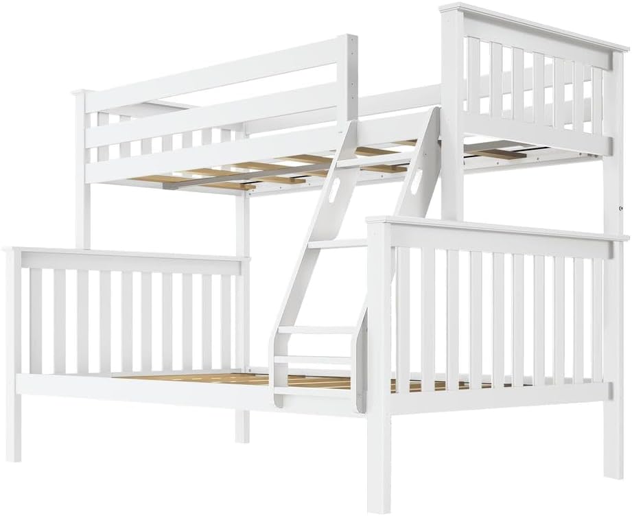 Max & Lily Bunk Bed Twin Over Full Size with Ladder, Solid Wood Platform Bed Frame with Ladder for Kids, 14" Safety Guardrails, Easy Assembly, No Box Spring Needed, White
