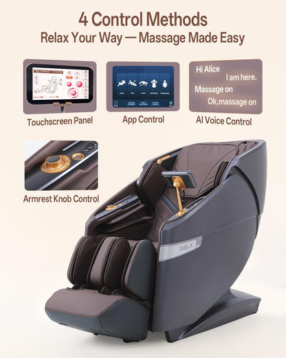 RELX 4D Massage Chair Full Body, 23 Modes Zero Gravity SL-Track Shiatsu Massage Chair with Electric Extendable Footrest, Airbag Massage with Body Scan, Shawl, Deep Yoga Stretch and AI Control(Brown)