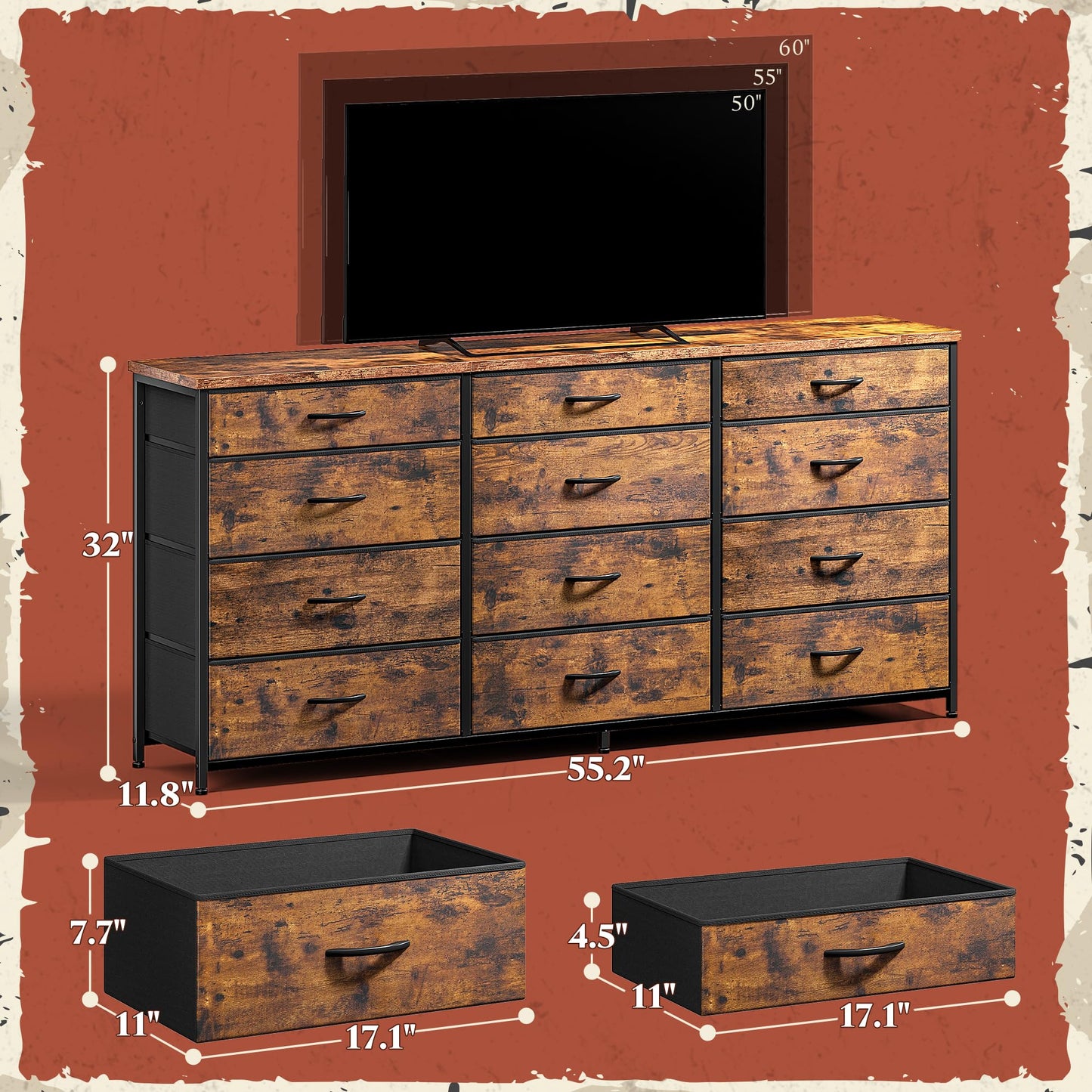 ROMORGNIZ 55" Dresser with 12 Drawers for Bedroom & TV