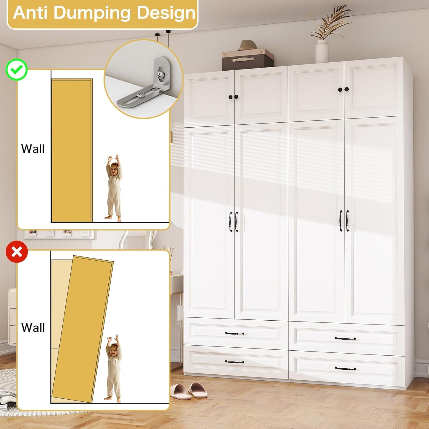 Armoire Wardrobe Closet with Doors: 89" Extra Tall White Wardrobe with Storage on Top, Bedroom Armoires with 4 Doors and 4 Drawers, Large Wood Closet Armoire for Hanging Clothes (B, 63")