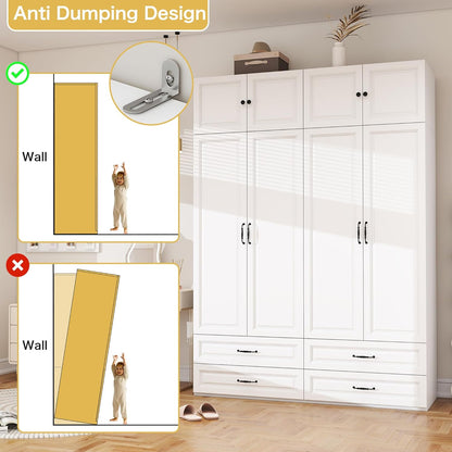 Armoire Wardrobe Closet with Doors: 89" Extra Tall White Wardrobe with Storage on Top, Bedroom Armoires with 4 Doors and 4 Drawers, Large Wood Closet Armoire for Hanging Clothes (B, 63")