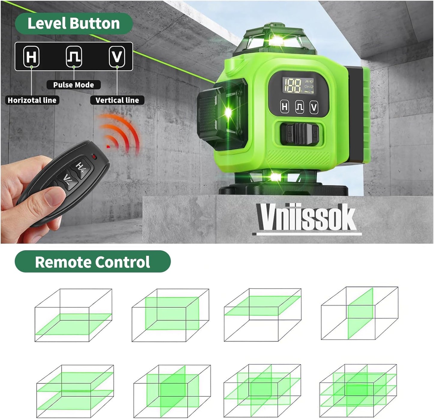 16 Line Laser Level 360 Self Leveling, 4x360°Professional 4D Green Cross Line laser Level with 2 Batteries,for Construction and Picture Hanging, Horizontal Line leveler Tool (Green)