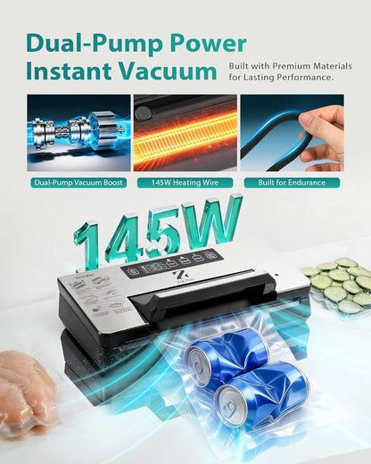 Dual Pump Vacuum Sealer for Food Storage & Sous Vide, Handle Lock, Double Heat Seal 5mm Wide, Built-in Cutter & Bag Roll Storage, External Vacuum Port, Dry/Moist Modes, Starter Kit Included