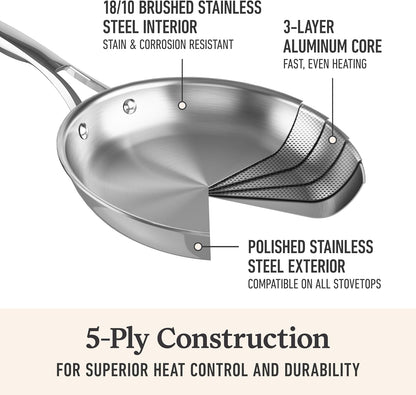 Calphalon Premier Polished 5-Ply Stainless Steel Cookware Set w/Turbo Heat Tech 12 Piece Includes Frying Pans, Pots and Pans Set, Induction, Oven Safe 500F, PFOA Free, Polished Stainless Silver